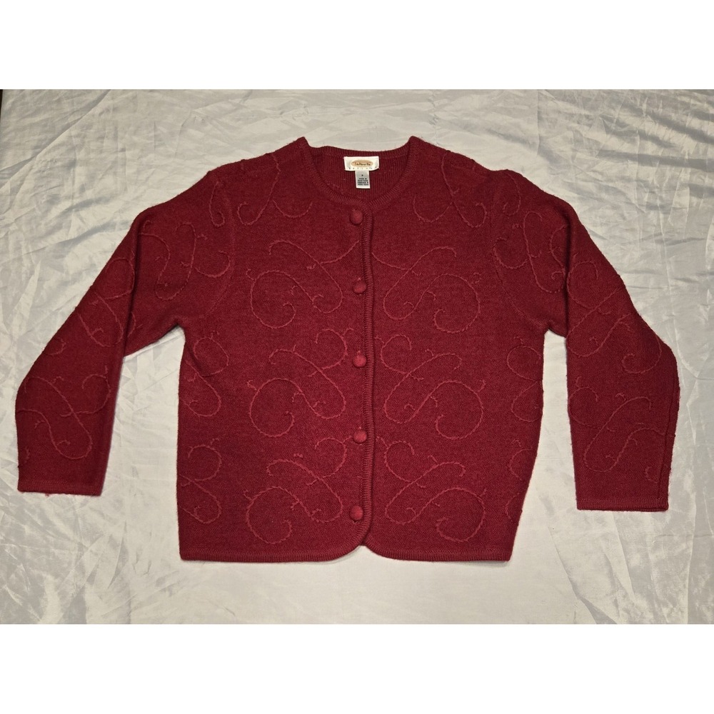 Talbots Petite Red Wool Sweater Swirling Embroidery Womens‎ Luxe